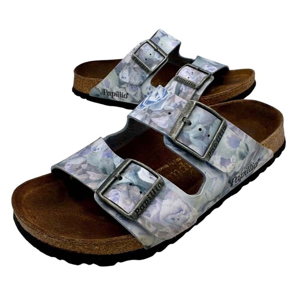 Papillio Birkenstock Fliral Sandals Blue Rose Print EU 38 Women's 7, EUC‎